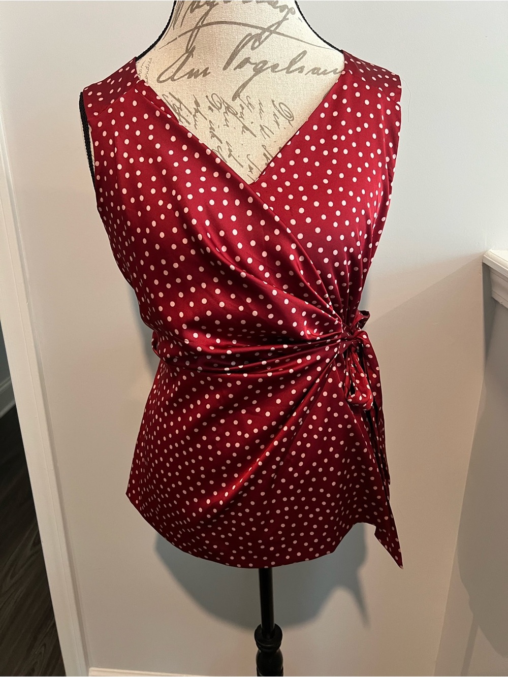 New York & Company Red Polka Dot Wrap Sleeveless Top